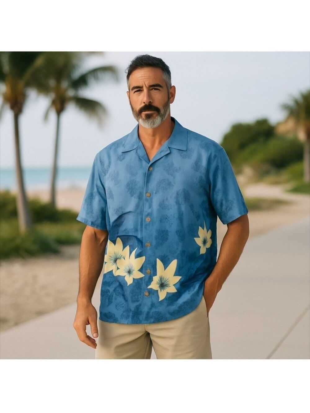 Tommy Bahama Silk Hawaiian Camp Shirt Men’s L Blue Ombré Yellow Hibiscus